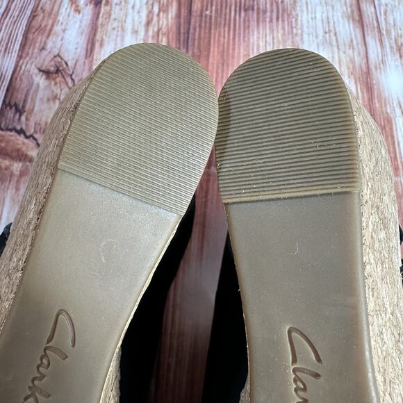 Clarks ANNADEL IVORY Size 8 Black Suede Cork Wedge Heel Sandals Open Toe Shoes - Picture 9 of 10